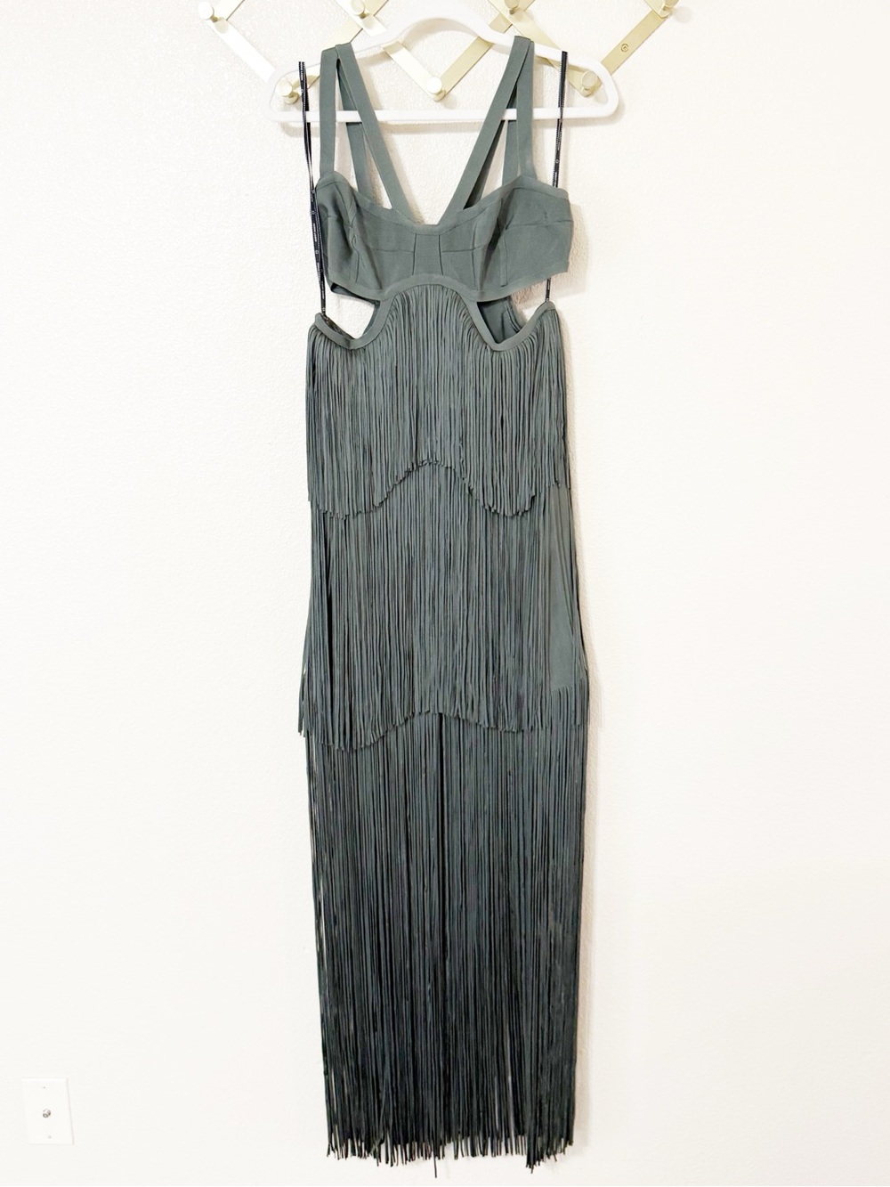 Herve Leger Strappy Tiered Fringe Maxi Dress Cutout Gown in Willow Green Medium - Picture 7 of 12